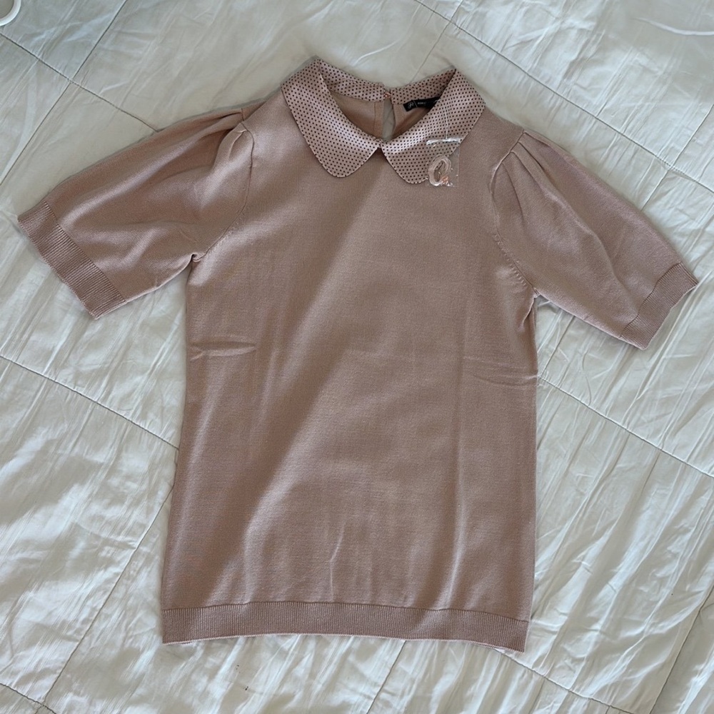 Adrianna Papell Polka Dot Collared Top in Pink